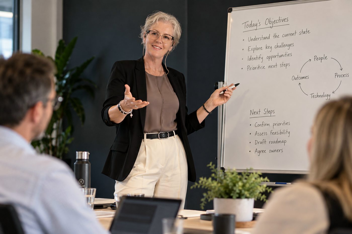 Tanja Gray facilitating a discovery workshop at a whiteboard of objectives and next steps