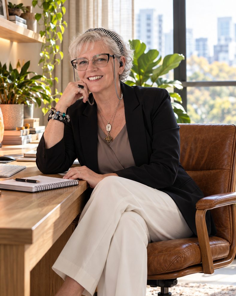 Tanja Gray seated at her desk in a sunlit office