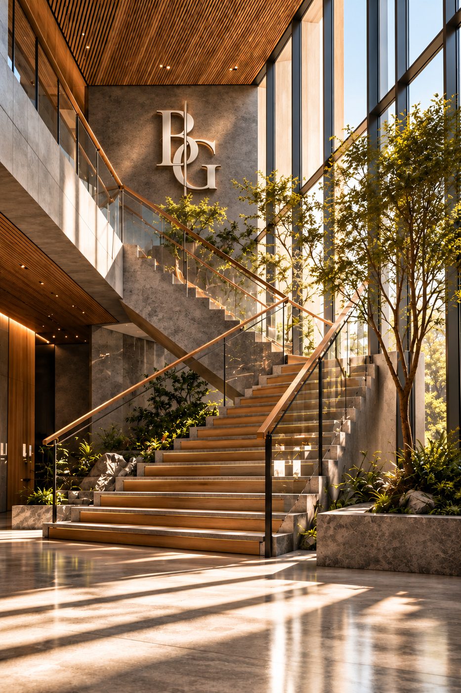 A sunlit atrium staircase beneath the Benson & Gray monogram