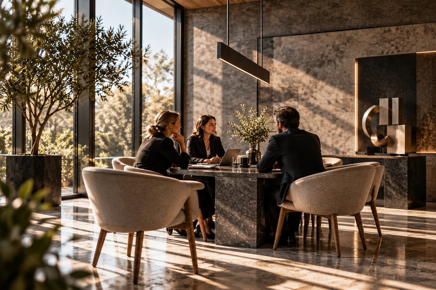 An executive meeting in a sunlit architectural office