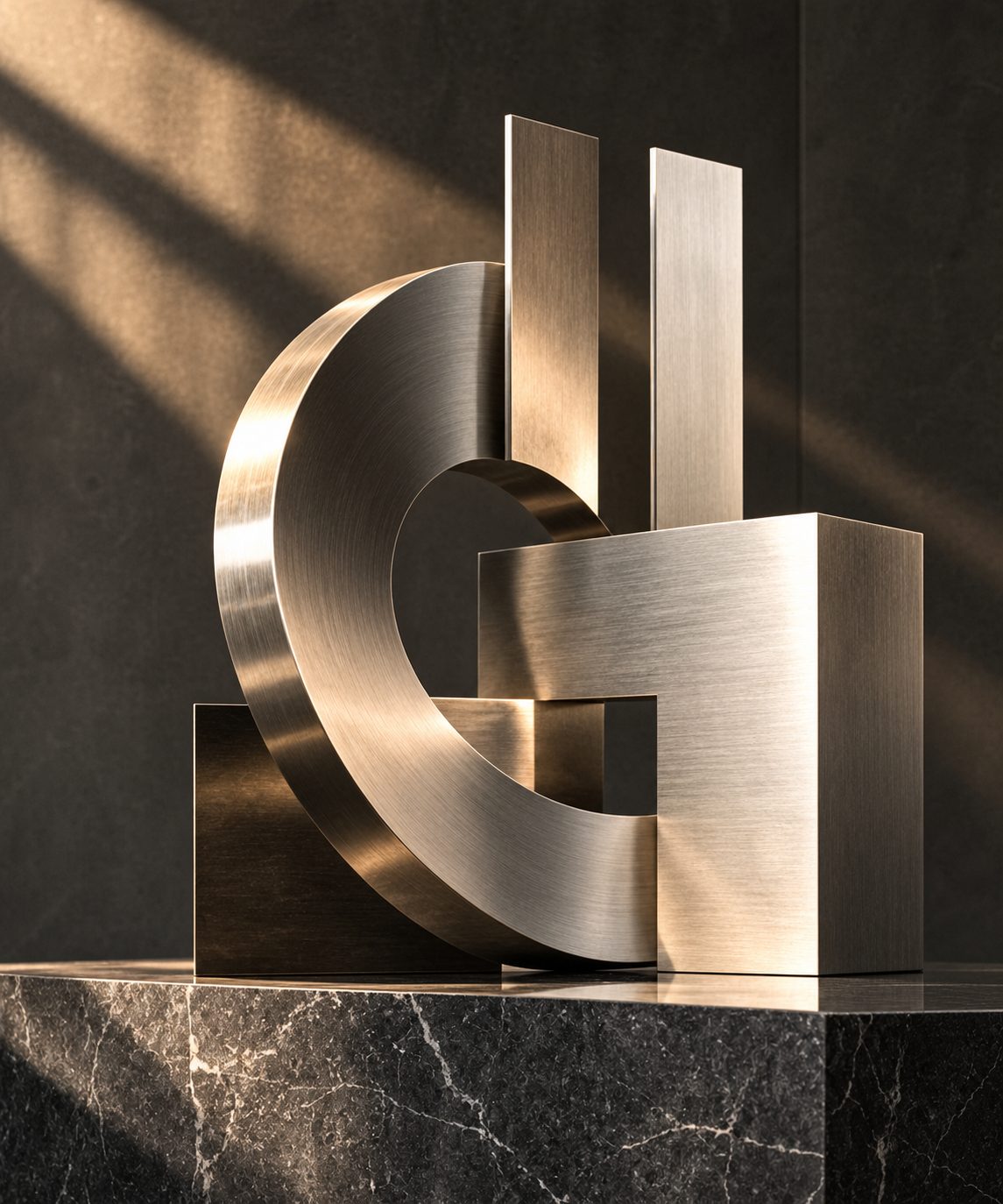 An interlocking brushed-metal sculpture in sunlight
